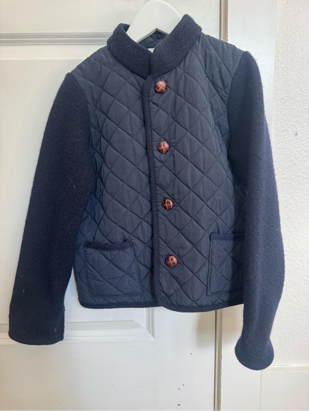 Quilted Navy Kids Wool Jacket with Wool Sleeves